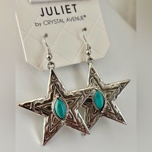 Juliet Star Shaped Embossed silvertone w/faux turquoise stone, fish hook drop